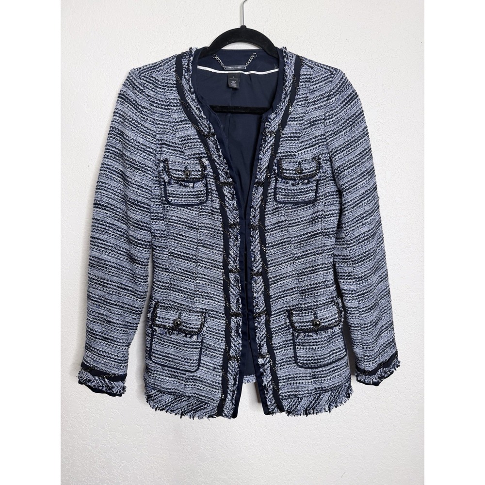 White House Black Market Blazer Size 2 Blue Tweed Fringe Chain Embellished